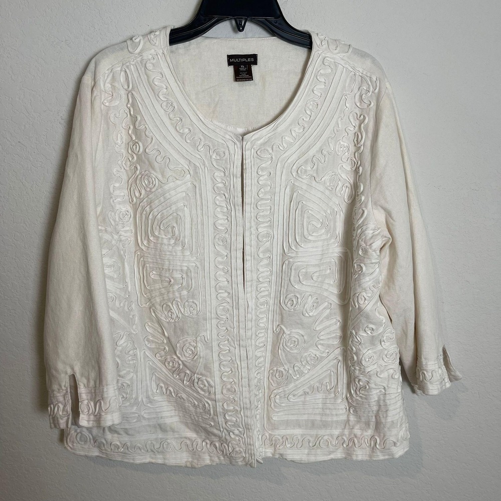 Multiples Embroidered Linen Blend Jacket Cream XL Classic Summer‎ Romantic